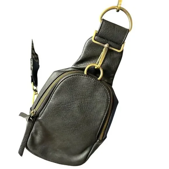 Urban Originals for Anthropologie Black Crossbody Bag Wide Strap, Brass Hardware - Picture 6 of 9